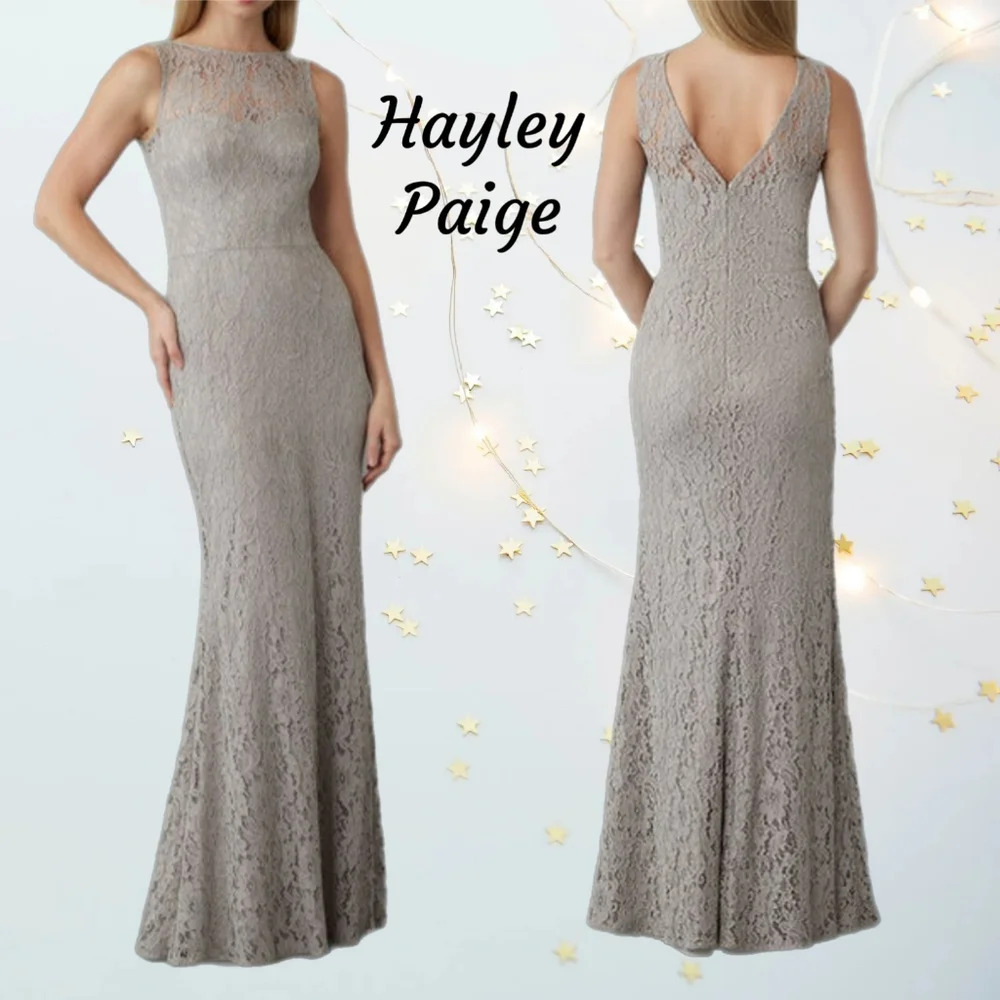 Hayley Paige Maxi Dress Womens Sz 14 Hazel lace flower Overlay Form Fitting*